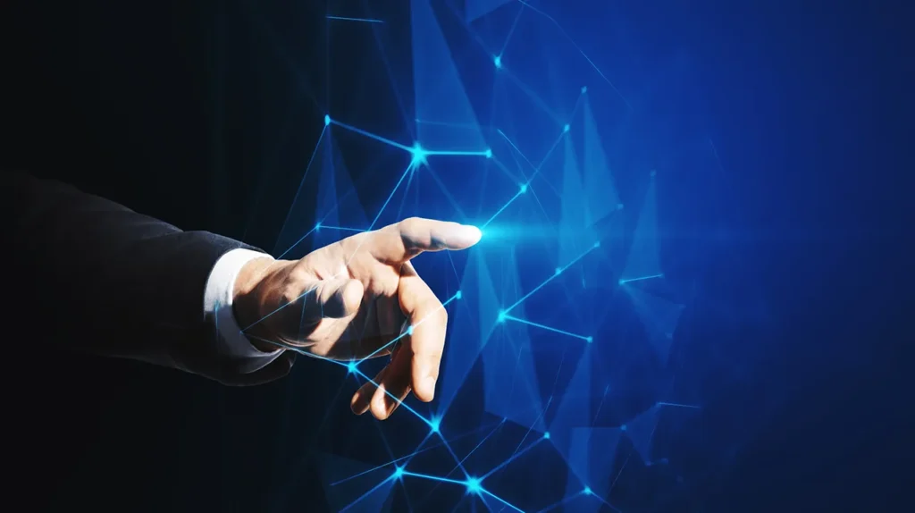 abstract-technology-network-illustration-concept-with-blank-dark-backdrop-with-businessman-hand-digital-touch-screen-with-abstract-geometrical-figure-mock-up-web
